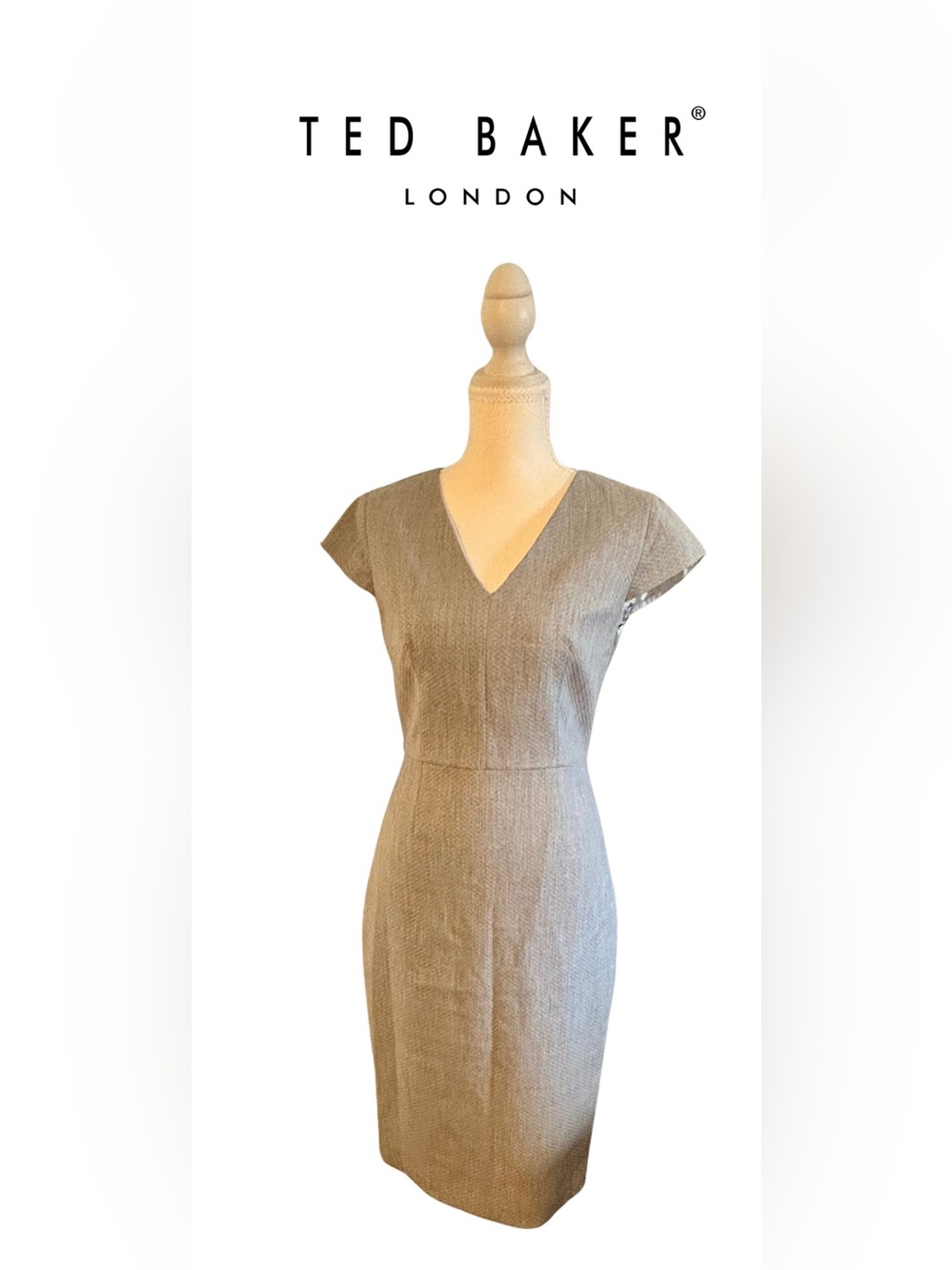 Ted Baker Tailored V-Neck Cap Sleeve Gray Midi Dress floral lining